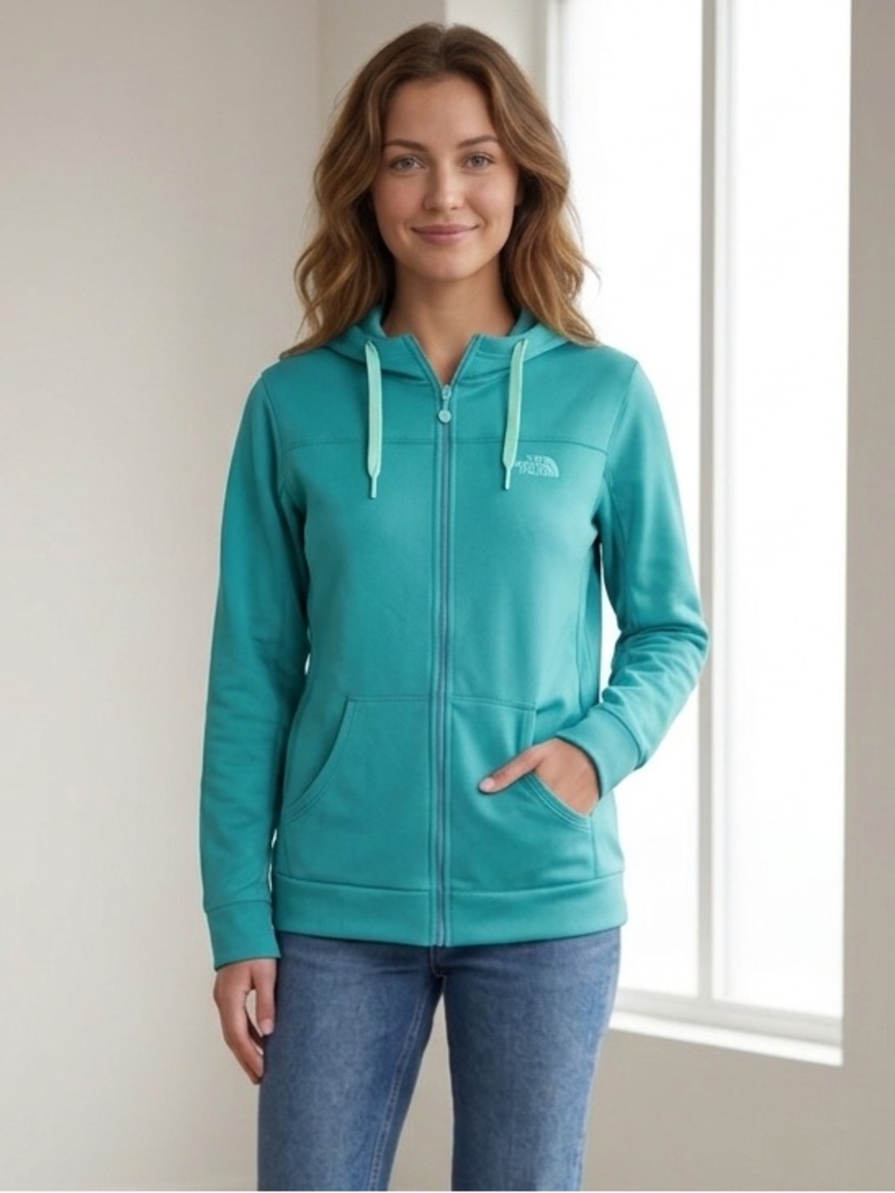 The North Face Women’s Full Zip Fleece Jacket Hoodie Teal Blue XL Lightweight